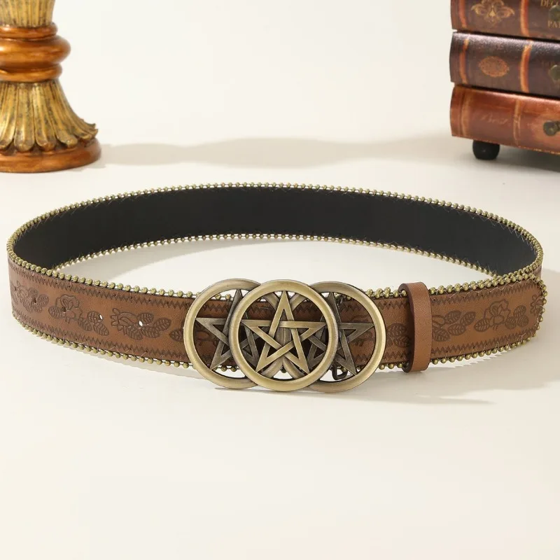 Retro Y2K Belt Gothic Pentagram Belt Women Vintage Brown Metal Buckle Two-Tone Embossed Waist Cinch Fashion Accessory
