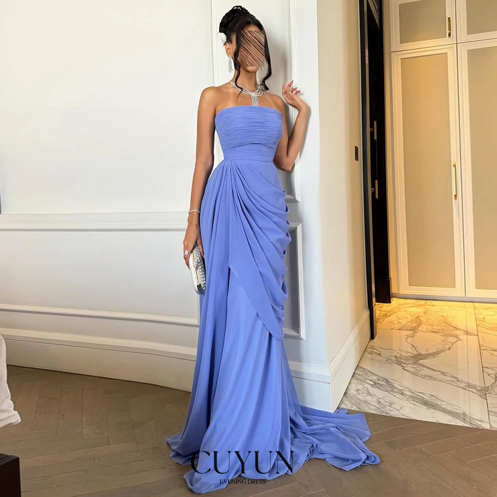 CUYUN-vestidos de fiesta elegantes para mujer, para ocasiones formales, personalizados, línea A, sin tirantes, vestido de noche de gasa para invitados de boda