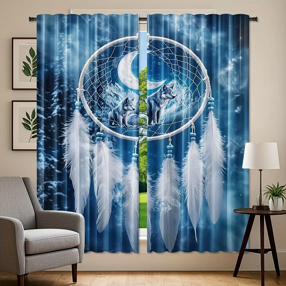 2pcs Bohemian Wolf & Snowy Mountain Dream Catcher Curtains - Digital Print, Polyester, Semi-Transparent, Machine Washable, Conte