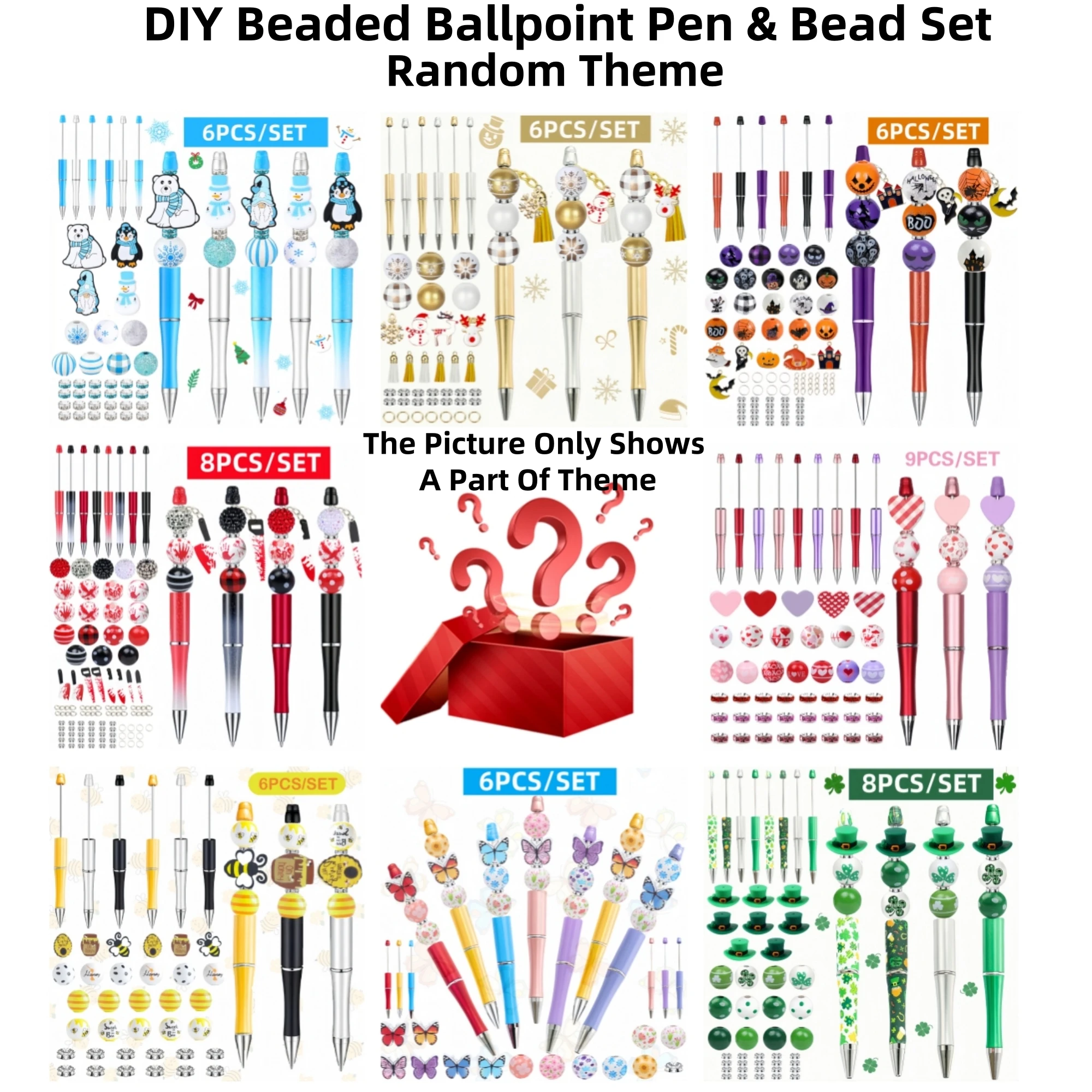 1 Random Theme Beaded Ballpoint Pen & Bead DIY Set,With Bead Pens And Many Beads, DIY Bead，Office And Study Supplies