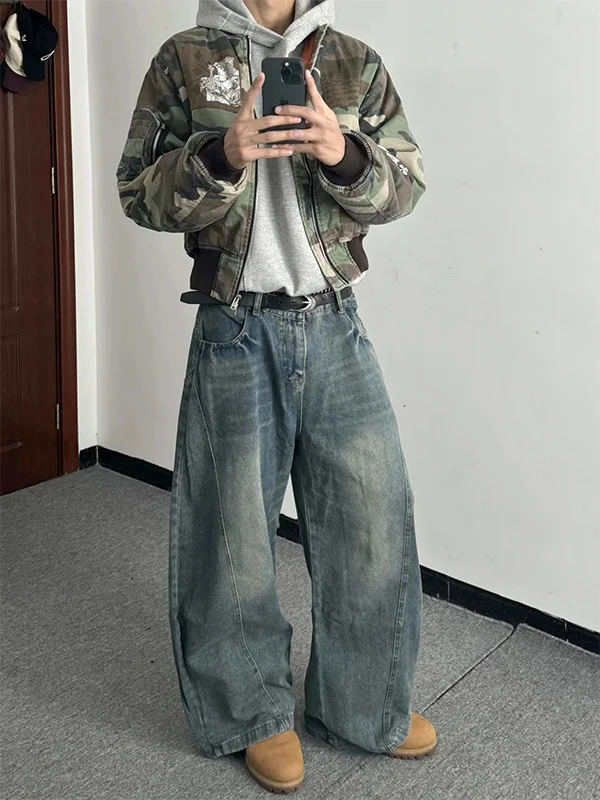 

Мужские джинсы в стиле ретро-американский винтаж, свободные, с широкими штанинами, на весну-осень, повседневные, износостойкие