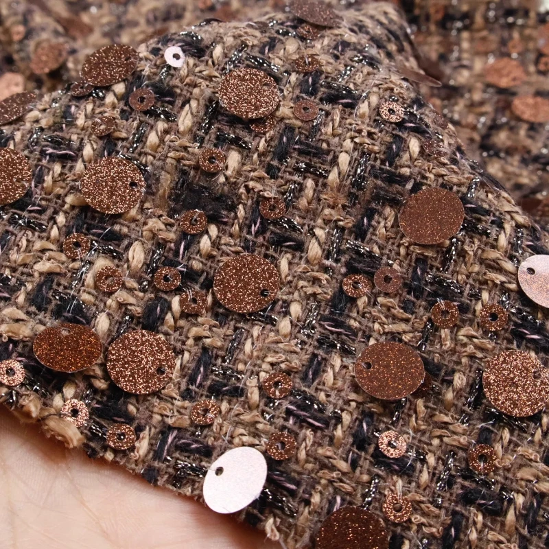 

Boucle Fabric Gold Glitter Woven Brown Tweed Material Spring Autumn Matching Set Blazer Dress Luxury Decor Coating