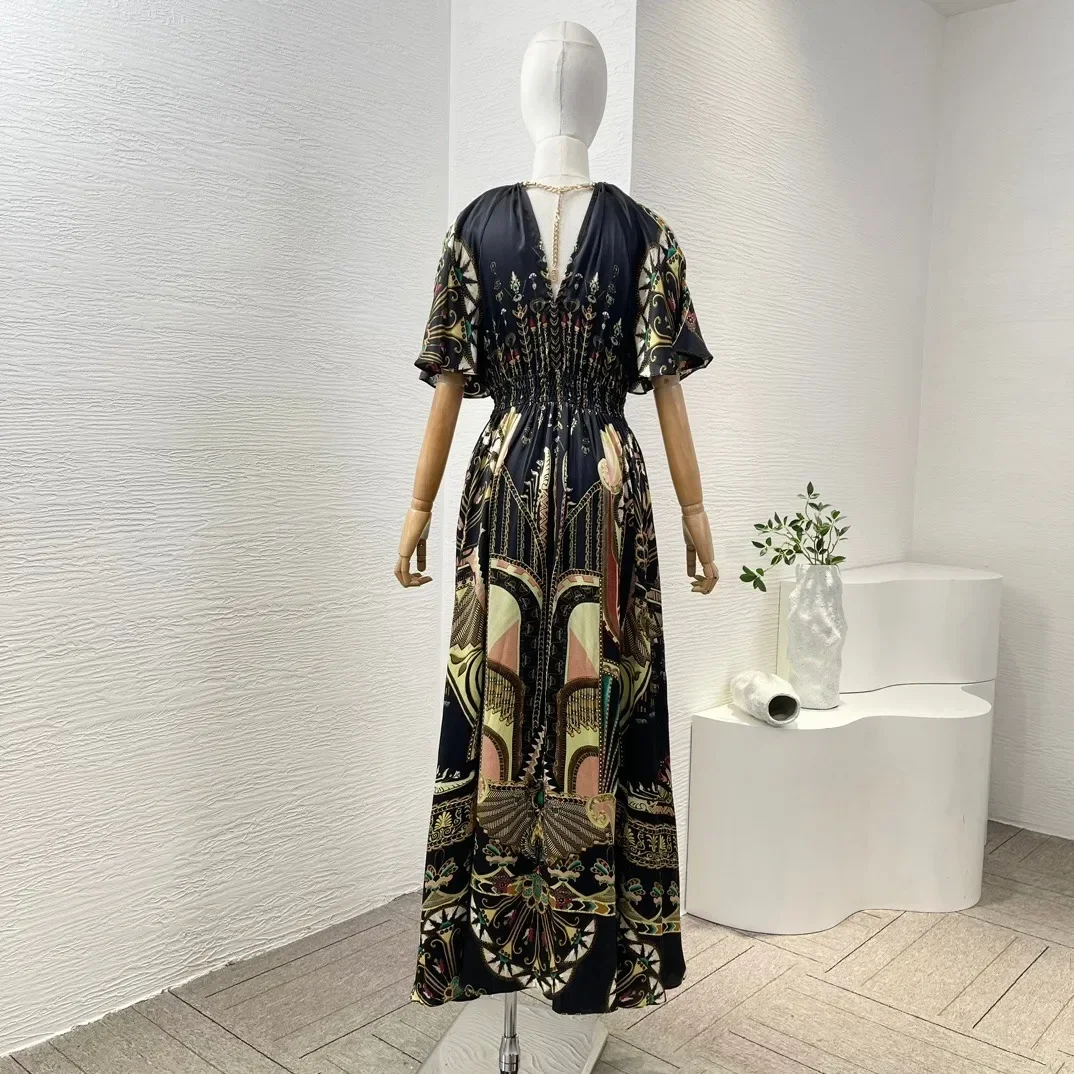 

2025 New Black Floral Print Short Sleeve Off Shoulder Metal Chain Decoration Midi Dress