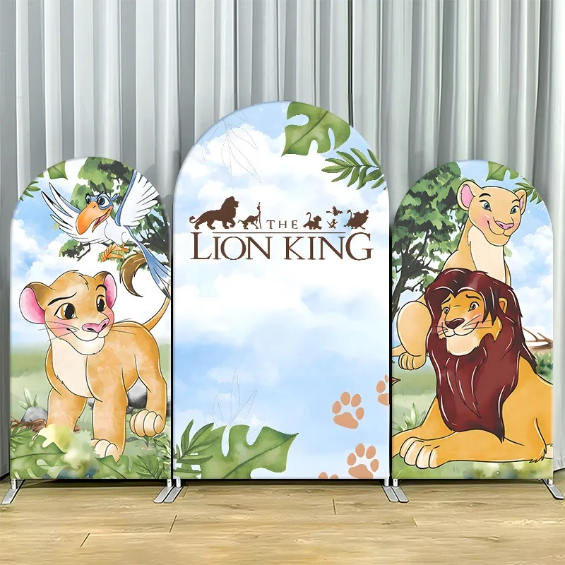 Fondo plano 2D con diseño de arco, de una sola capa, tela no elástica, set de fiesta temática de El Rey León con Simba, Nala, Mufasa y Zazu