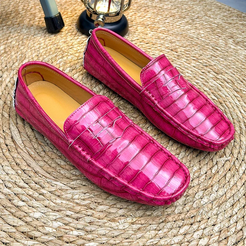 Mocasines de negocios informales de lujo para hombre, zapatos formales de fiesta de noche, color rosa, moda juvenil