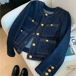 Luxury Spring Autumn Vintage Blue Denim Jacket Women Short Tops Metal Button Jean Coat Bomber Jackets Long Sleeve Outerwear New