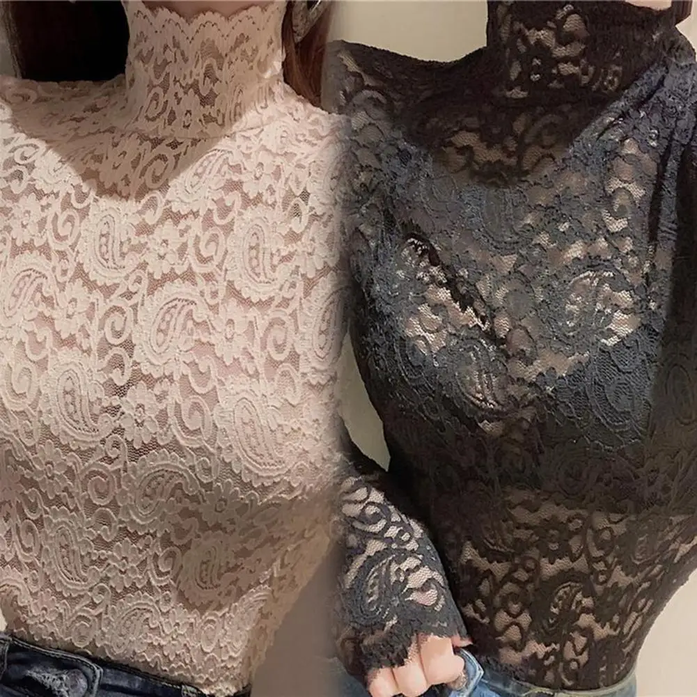 Charming Lace Top Perspective Versatile Anti-fade Elegant Female Slim Floral Lace Top