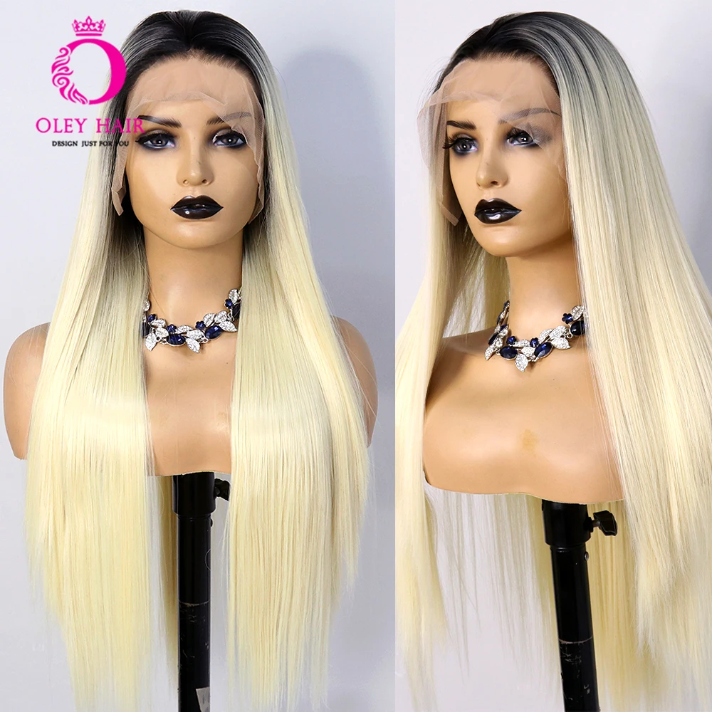 

Ombre Blonde Colored Synthetic 13x6 Straight Lace Front Wig Glueless Heat Resistant Cosplay For Black Women Pre Plucked