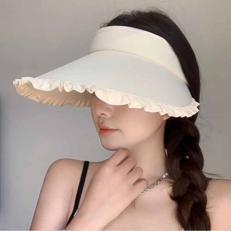 Women's Sun Hats New Japanese Simple Verstaile Sweet Girl Lace Empty Roof Visors Summer Outdoor Large Eaves UV Sunscreen Hats