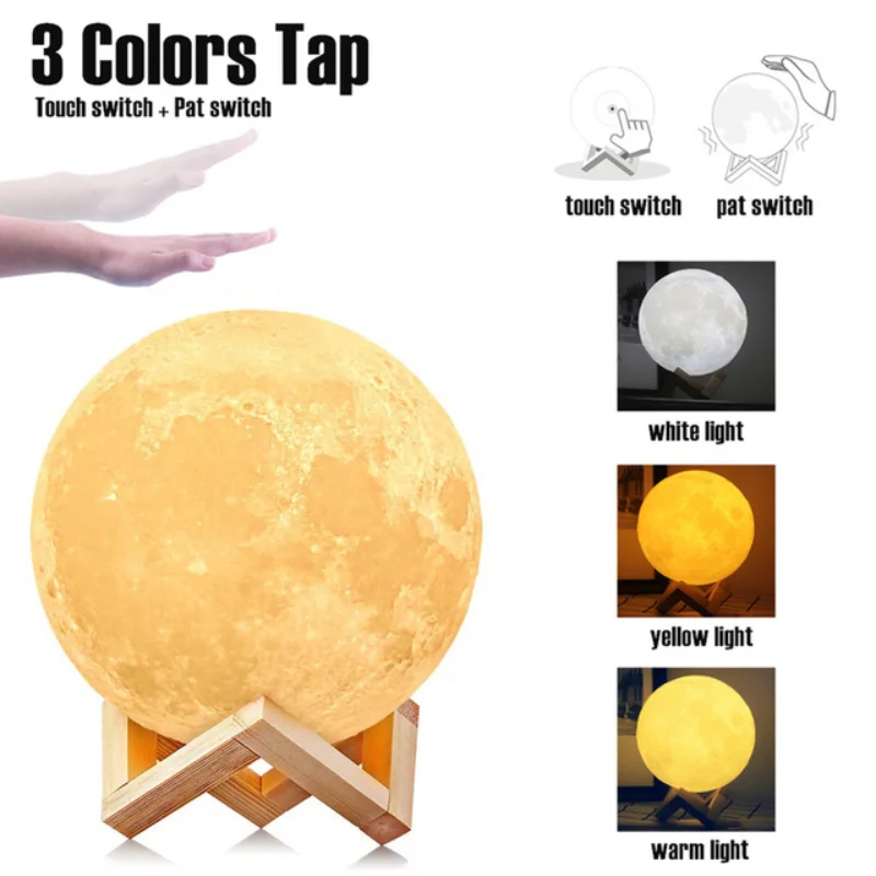 RGB LED Moon Lamp 3D LED Night Light USB Rechargeable 16 Color Moon Light Touch Sensor Lamp Dimmable Bedroom Decoration Lighting