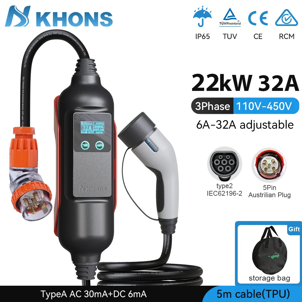 Cargador EV Khons Type2 22kw 32A cargador EV portátil trifásico EVSE Wallbox con enchufe Industrial australiano para coches BYD Tesla