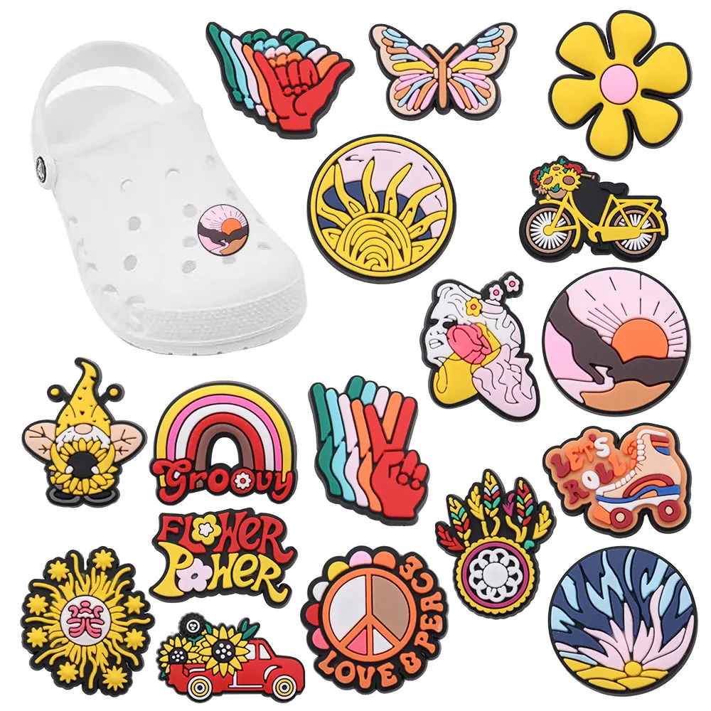 Sell Retail 1-17pcs PVC Shoe Charms Sunflower Butterfly Rainbow Bicycle Accessories Shoes Buckles For Kids Party Present