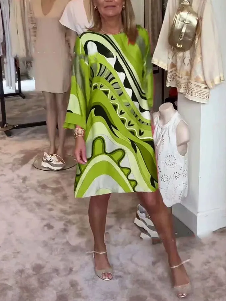 Boho Print Jurk Voor Dames Mode O Hals Pols Mouw Trui Losse Jurken Dame Casual Vakantie Dameskleding Lente Zomer