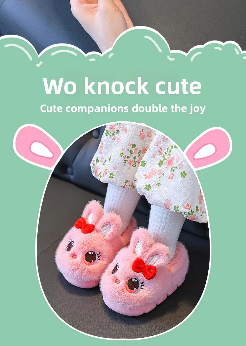 Kinder Winter Dicke Hausschuhe, Kinder Baumwollgefütterte Schuhe, Baby Warme Hausschuhe, Mädchen Süße Cartoon Kaninchen Tier Hausschuhe – Detail 4