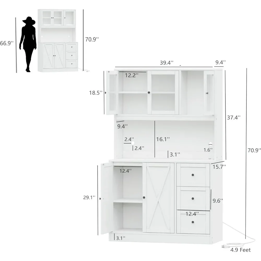 70.9'Kitchen Pantry Cabinet Kitchen Hutch with Microwave Stand &Charging Station, Farmhouse Tall Storage Cabinet with Countertop