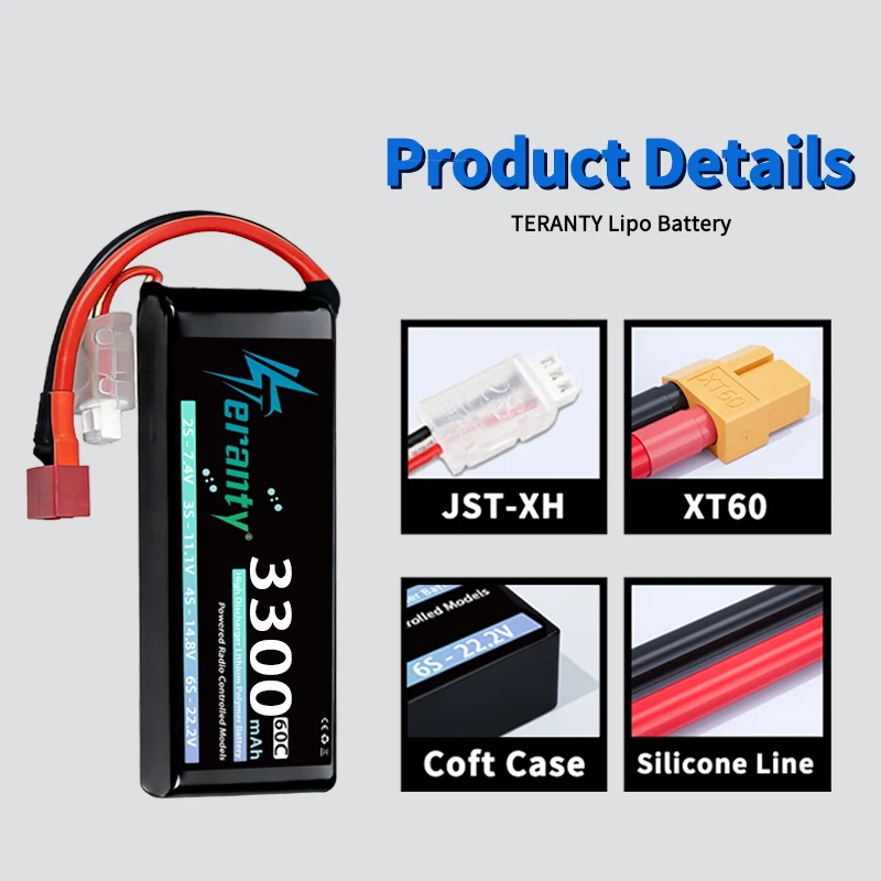 TERANTY Baterías LiPo 2S 3300mAh 60-80C con XT60 para RC - imagen 5