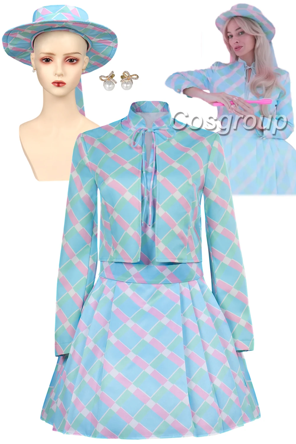 Margot Cosplay Fantasia Cute Blue Plaid Hat Dress 2023 Movie Barbei Costume Disguise Adult Women Fantasy Outfit Female Halloween