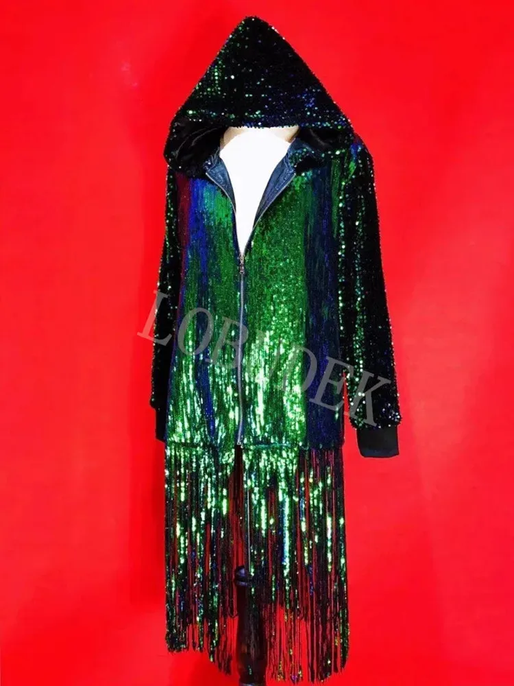 Punk Stil Männlich Rock Hip Hop Tänzerin Grün Pailletten Quaste Mit Kapuze Lose Lange Mantel Street Dance Mantel Jacke Nachtclub Bühne Kostüm