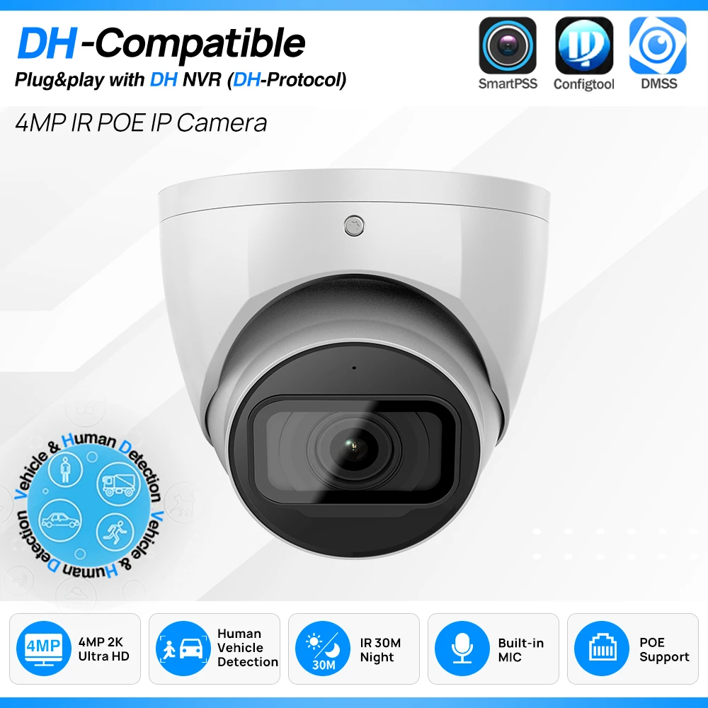 4MP IP Camera PoE IR Night Vision Starlight Dome Metal Built-in Mic SD Card Security Cameras Replace 4433C-A