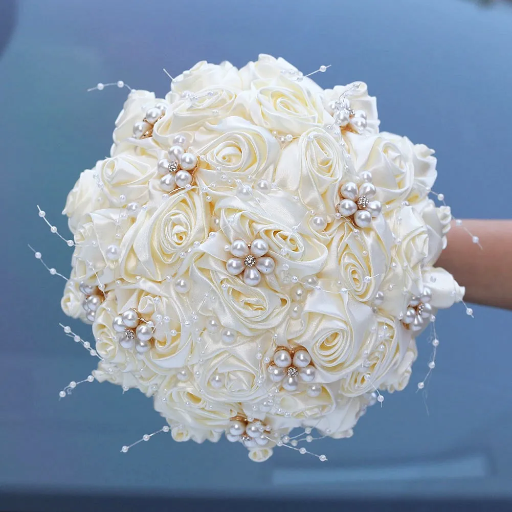 

Bridal Wedding Elegance Ivory Pearls Satin Rose Perpetual Bouquet Wedding Bridesmaid Handheld Bouquet Wedding Gift W809