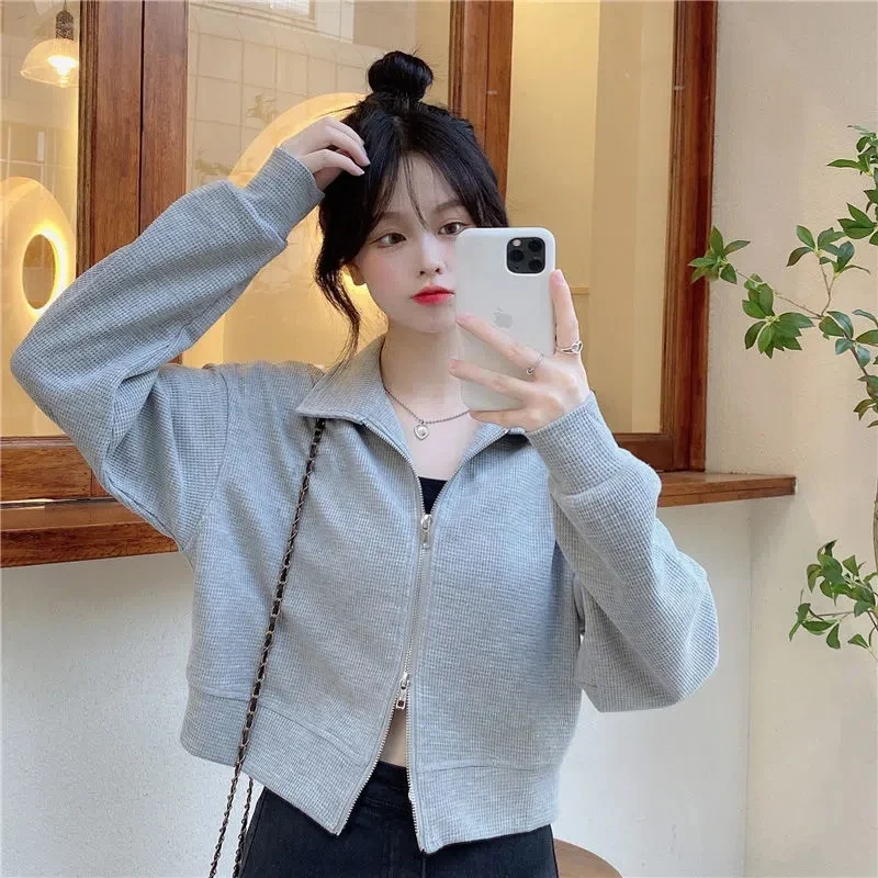 

Waffle Sweater Women's Spring and Autumn Women's Loose Polo Neck Short Shoulder Slim Top Double Zipper Long Sleeve Coat P170