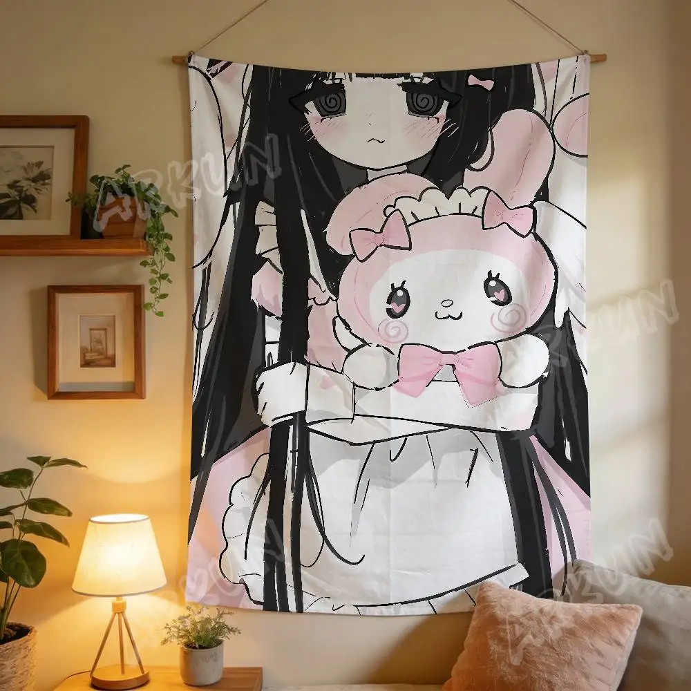 Soft Tone Cute Anime Maiden Wall Hanging Tapestry, Long Haired Kawaii Girl Gentle Pastel Color Manga Art, Light Fabric Decor