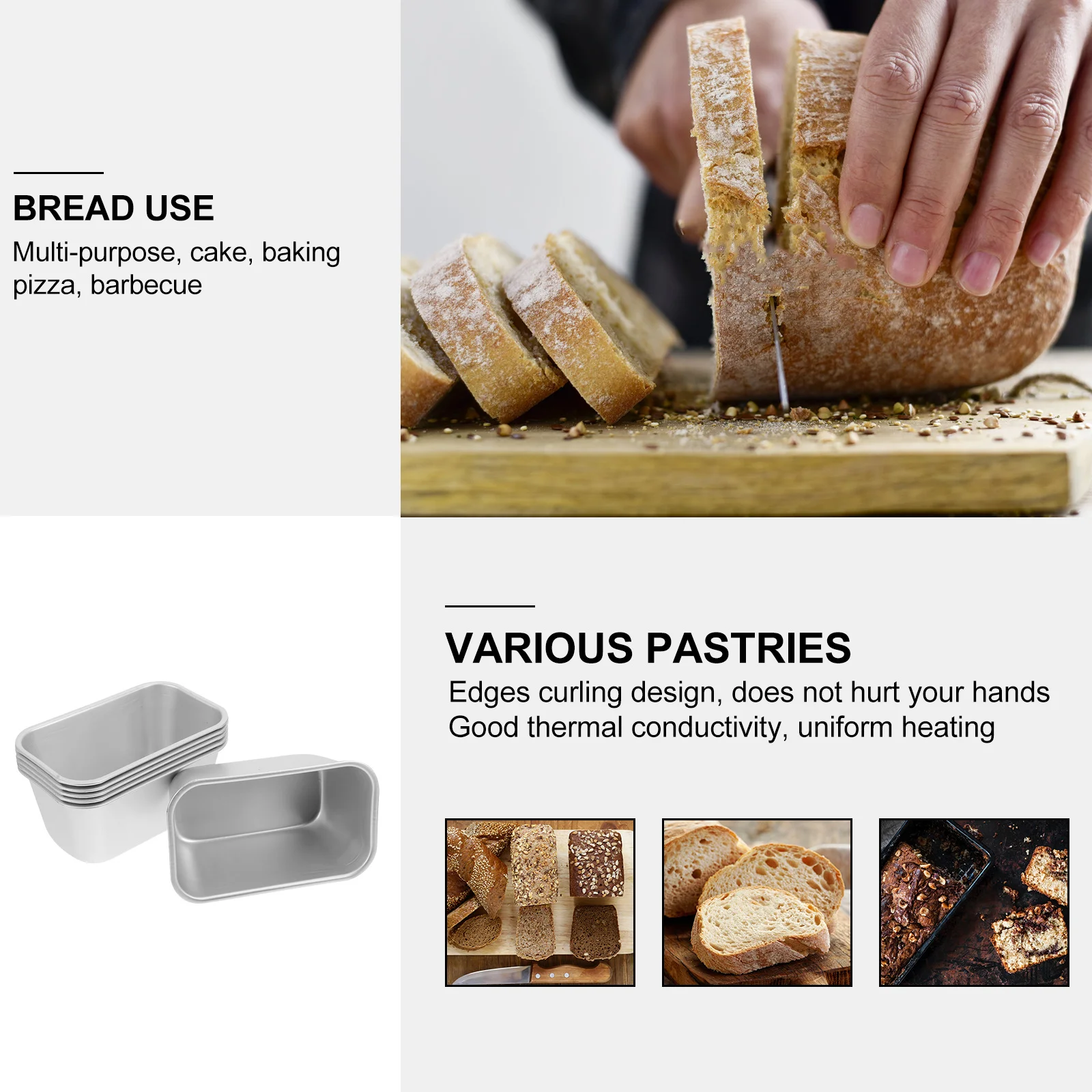 

6pcs Rectangular Cake Mold Non-Stick Baking Pan For Toast Cheesecake Bread Silver Aluminum Alloy Kitchen Baking Supply