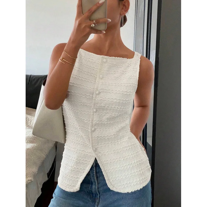 

Office Lady Commuter Formal White Elegant Single Breasted Tank Tops Women Summer Camisole Sleevless Croped Vest Slim High Street
