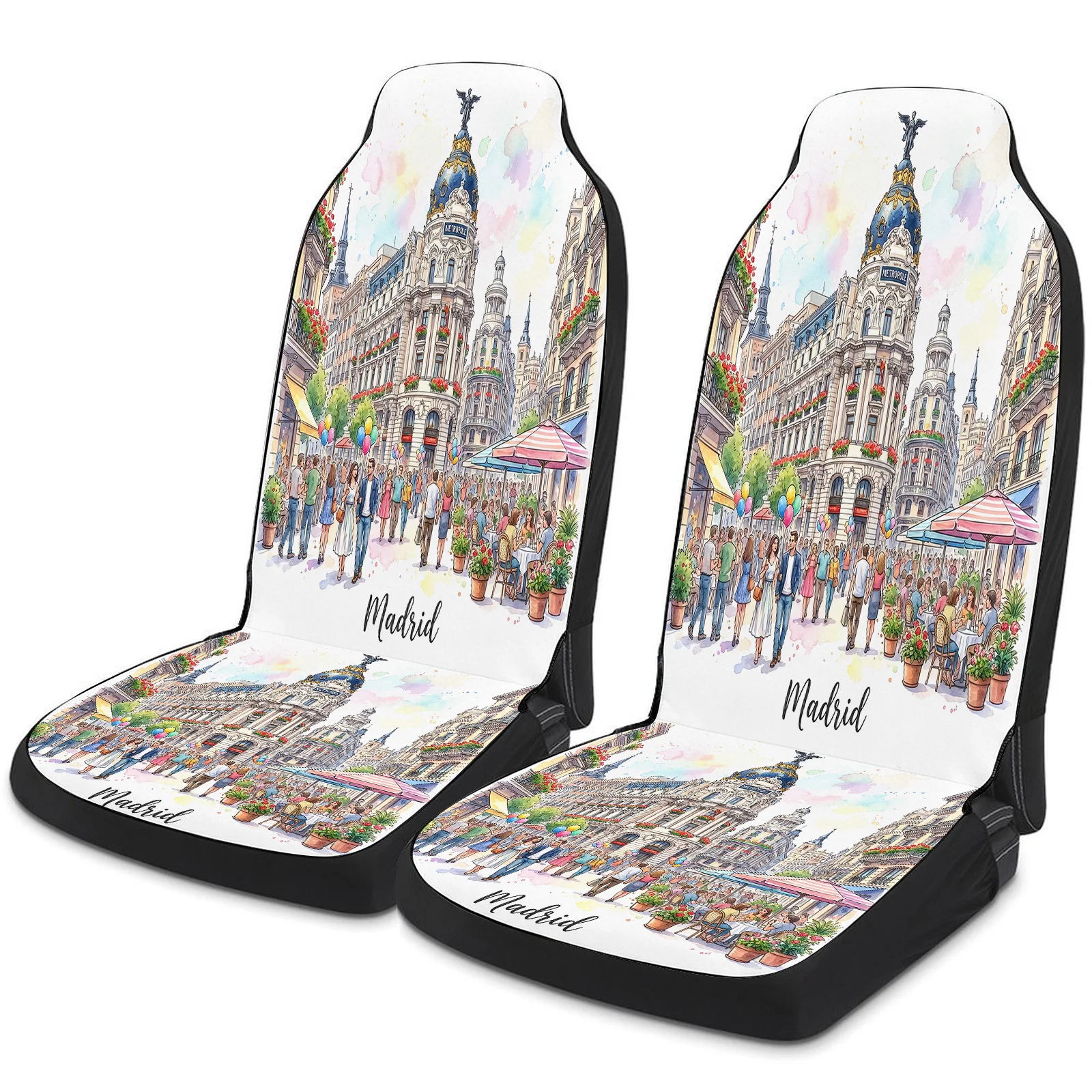 Madrid Street Scene Themed Car Seat Cover Set For Most Cars Trucks, Trendy Breathable Car Seat Protector Covers Full Set, Univer
