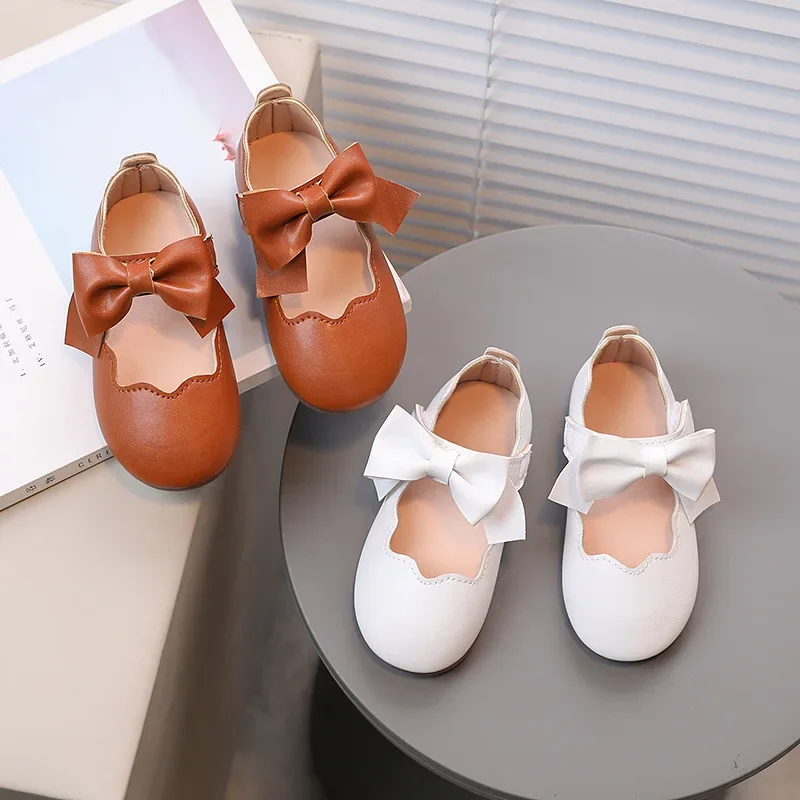 Girls Mary Jane Shoes Children Solid Color Bow Round-toe Bow 2024 New Kids Fashion Soft Moccasin Shoes Baby First Walker Shoes