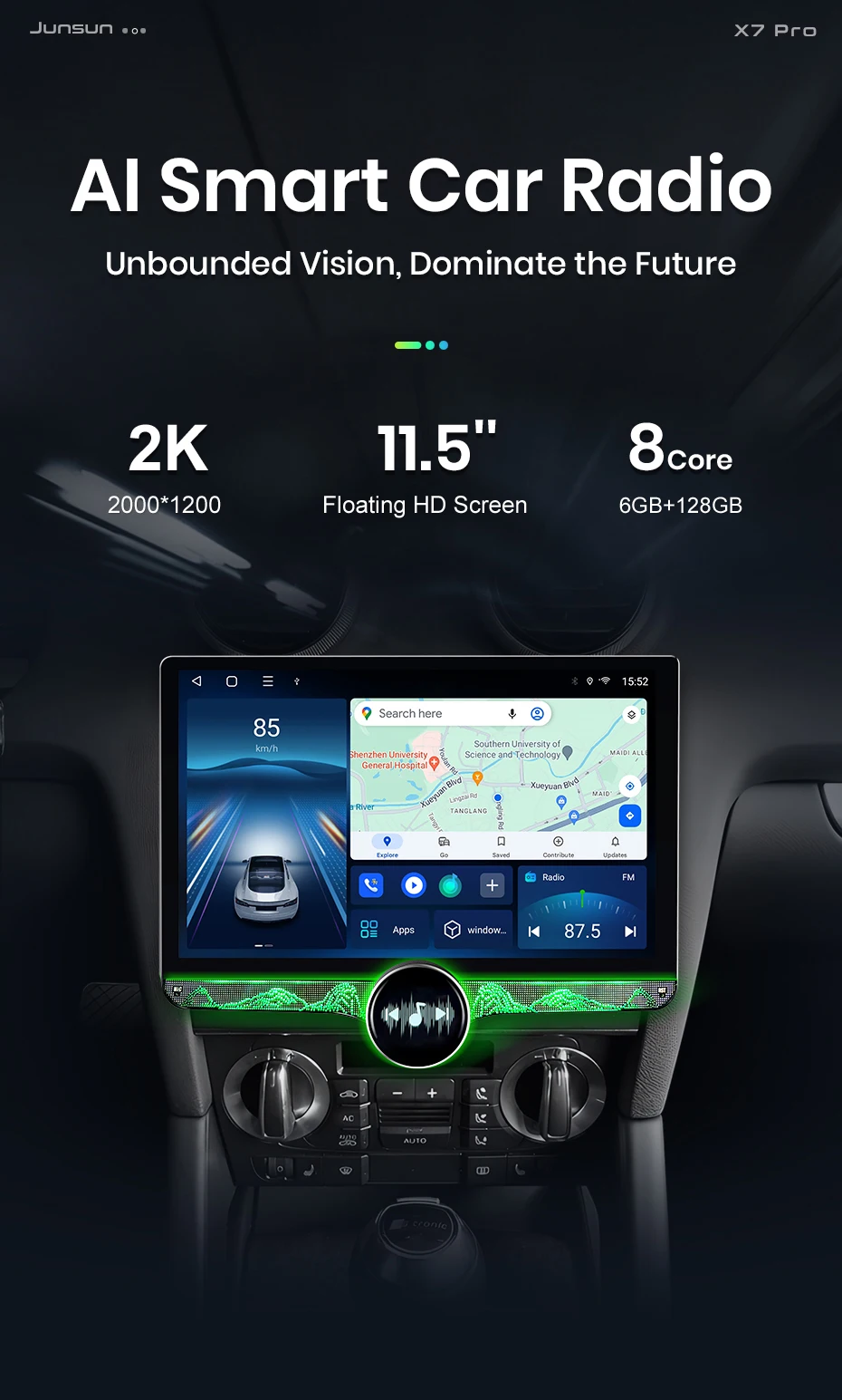 Junsun 11,5 Zoll 2K Touchscreen Kabelloses CarPlay für Apple Universelles Autoradio Android Auto Stereo Multimedia-Videoplayer Intelligente Fahrzeugsysteme 2 Din Autoradio-Haupteinheit GPS-Navigation BT 4G WIFI 8-Kern FM AM DSP RDS SWC DAB – Detail 3
