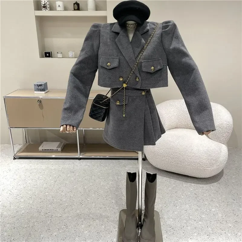 Insozkdg 2024 Spring New Arrivals Women Suit Set Wool Blazer Jacket + High-Waist Irregular Skirt Trendy Hot Sale Female Suit