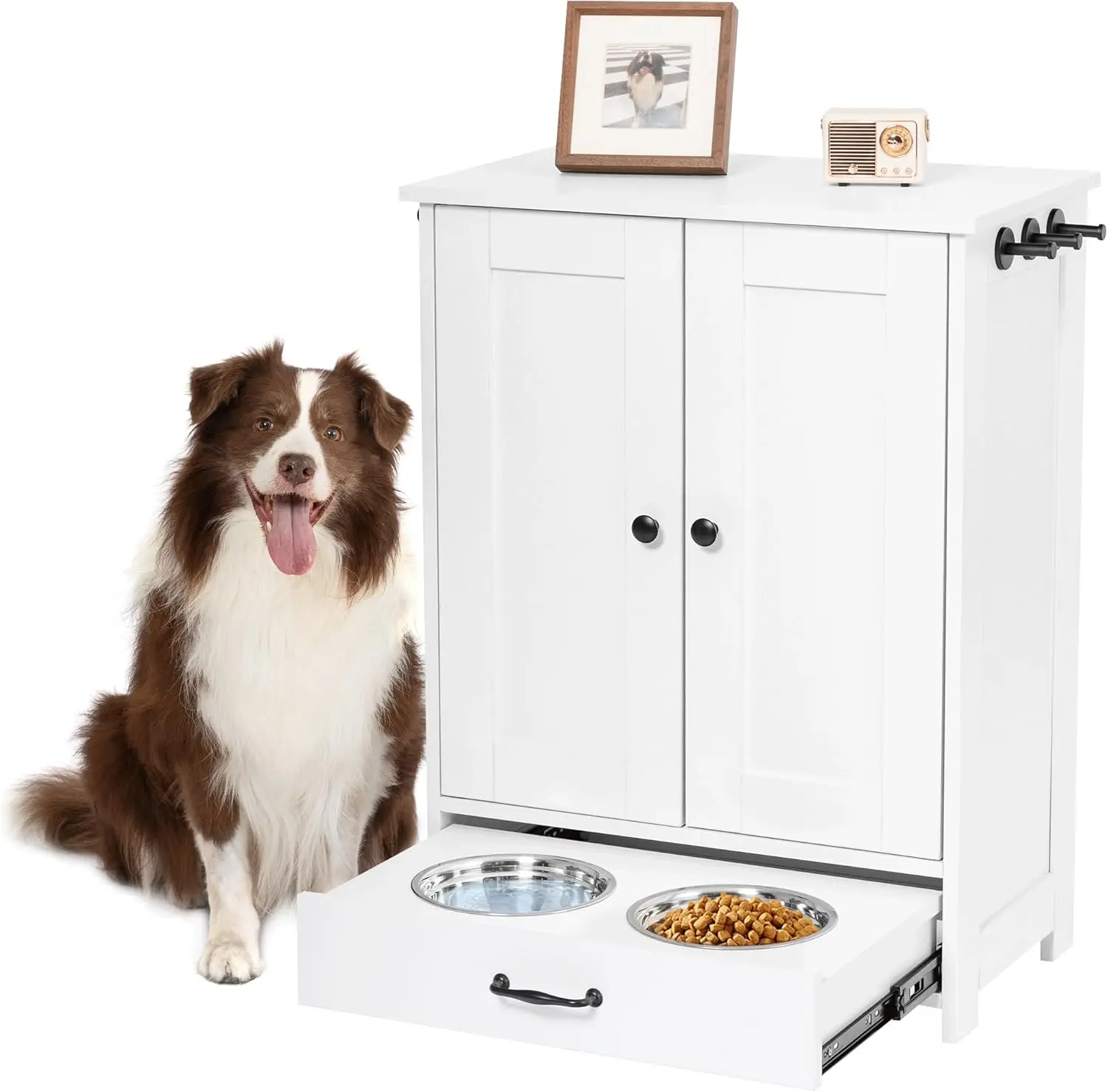 

Dog Feeding Station with Storage Cabinet, Elevated Bowls, and Pet Organizer in White