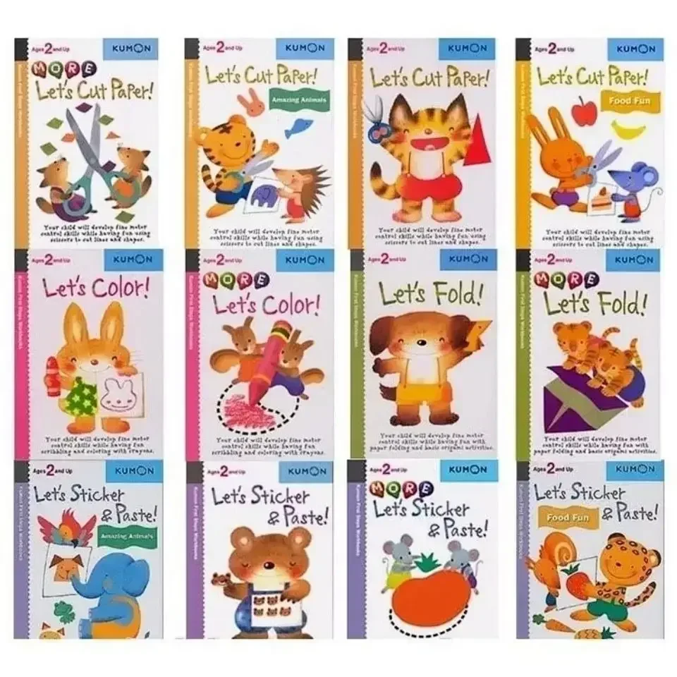 12 szt./zestaw Kumon Let's Cut Paper First Step Workbooks Książeczki z obrazkami dla dzieci, papier do origami, naklejki do wycinania, rękodzieło, książki