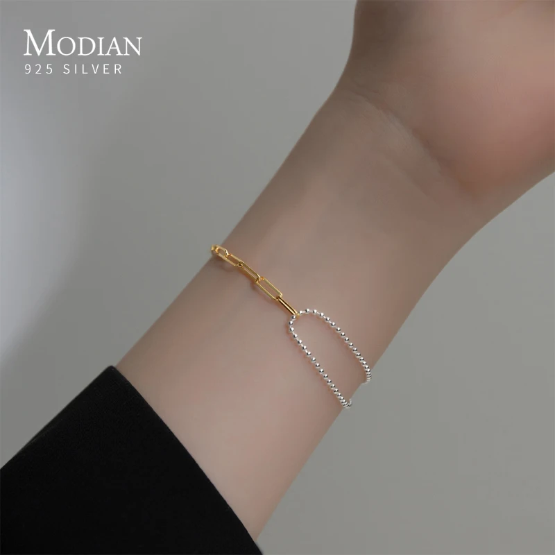 

MODIAN Fashion Asymmetric Beads Chain Bracelet For Women Party Jewelry 925 Sterling Silver Exquisite Simple Link Chain Bracelet
