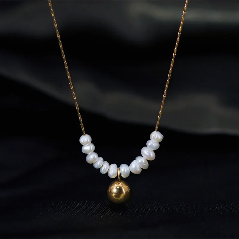 

RHYSONG Vintage Irregular Freshwater Pearl Necklace With Gold Round Ball Stainless Steel Chain All Match Choker Women Collares