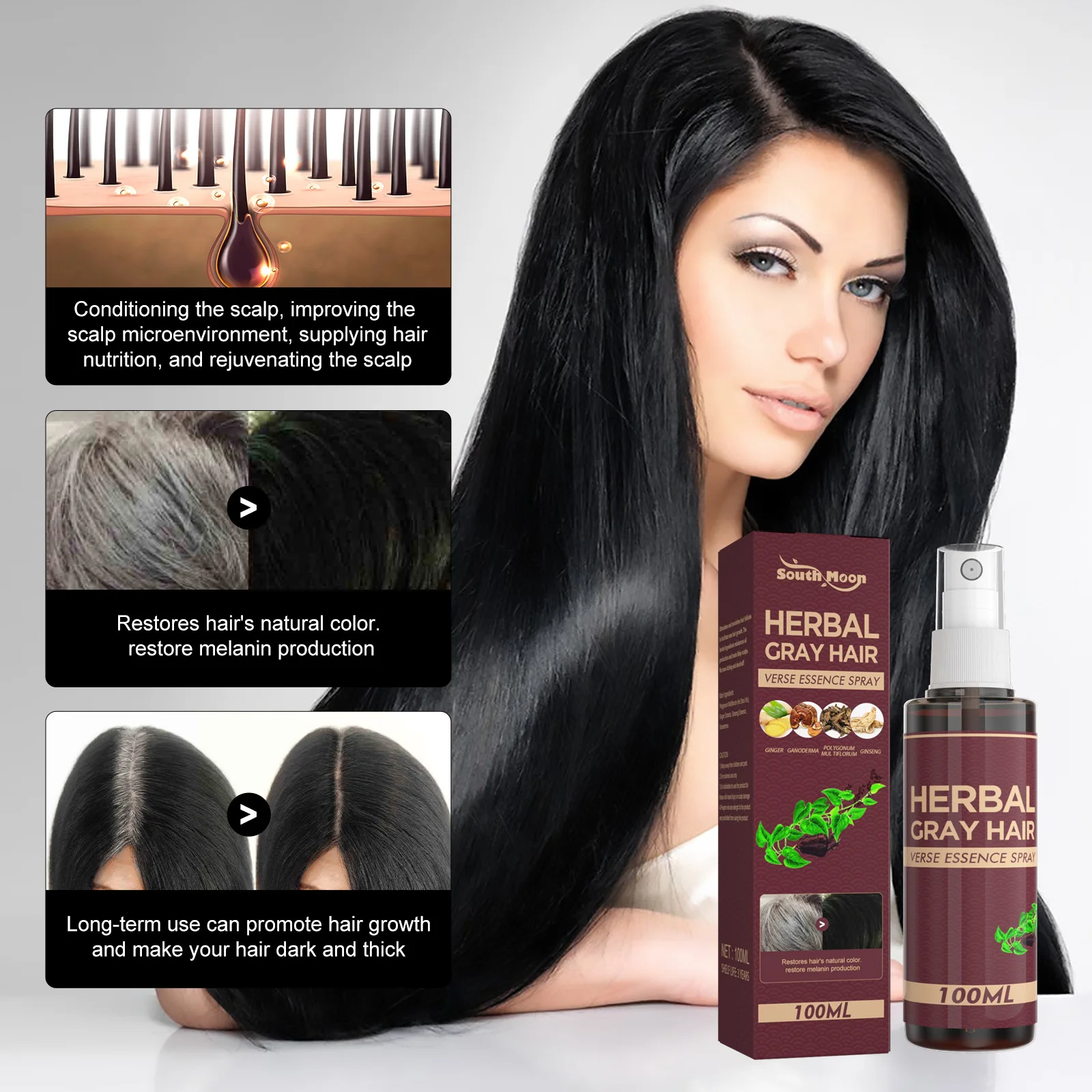 Loción para el cabello negro a base de hierbas La esencia de Polygonum Multiflorum hidrata y protege el negro natural y ilumina y añade el cabello grueso