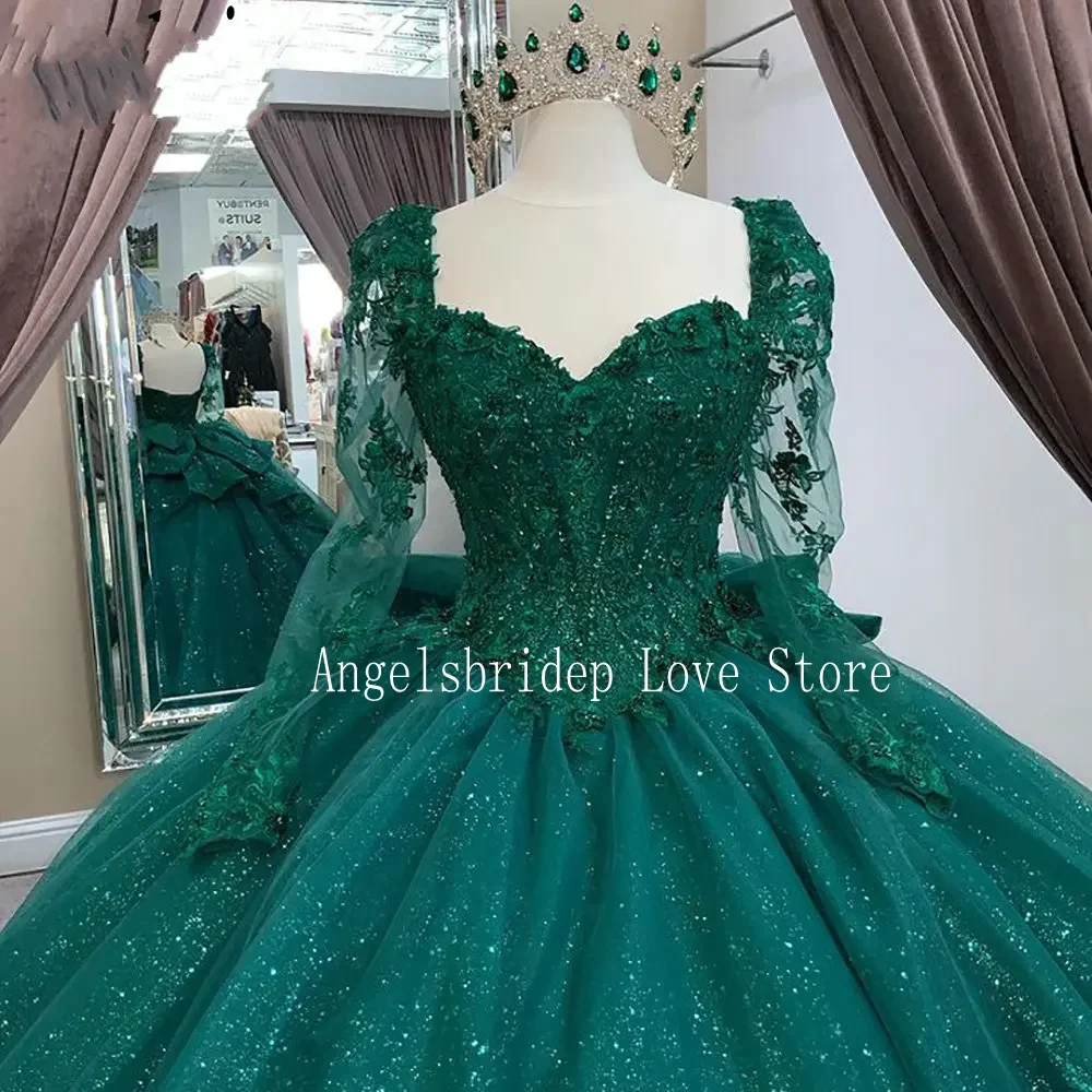 Angelsbridep Emerald Green Ball Gown Sweet 16 Quinceanera Dresses Long Sleeves Bow For Special Events Vestidos De 15 Años 2024