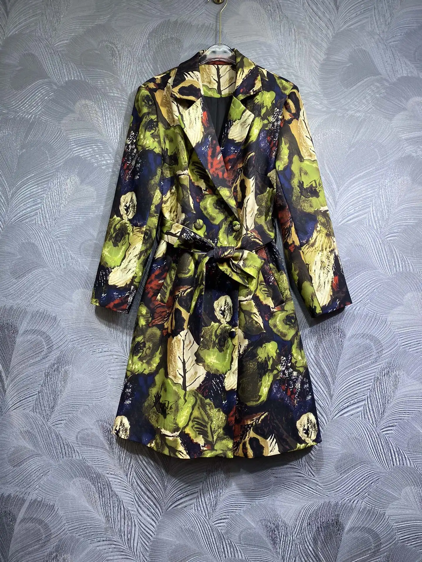 SEQINYY Elegant Long Trench Coat Spring Autumn New Fashion Design Women Runway High Street Vintage Flower Green Print Belt