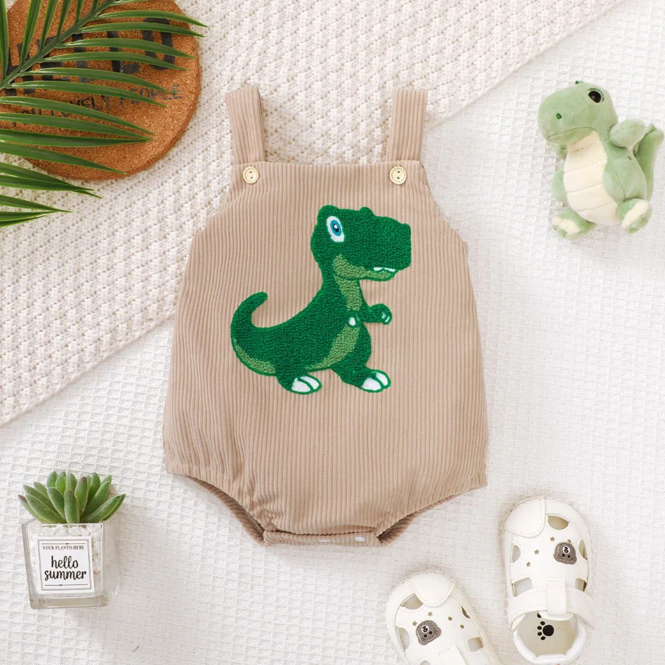 

Premium Unisex Baby Corduroy Dinosaur Embroidery Strap Romper Soft And Durable Playwear For Infants With Adorable Design