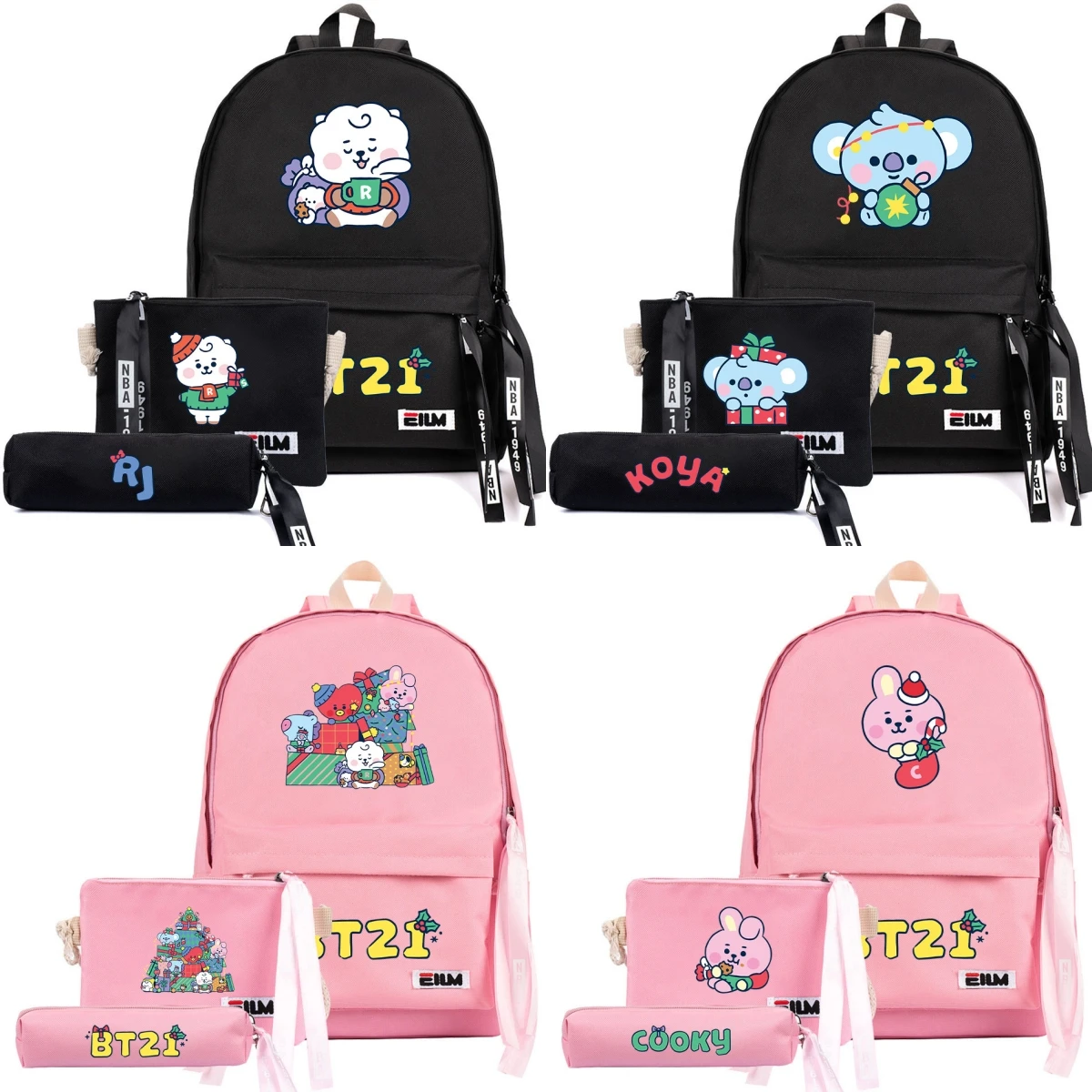 Bt21 Kawaii 3pcs Christmas Backpack Set Anime COOKY SHOOKY KOYA MANG Girls Boys Large Capacity Pencil Bag Coin Purse Gifts Toys