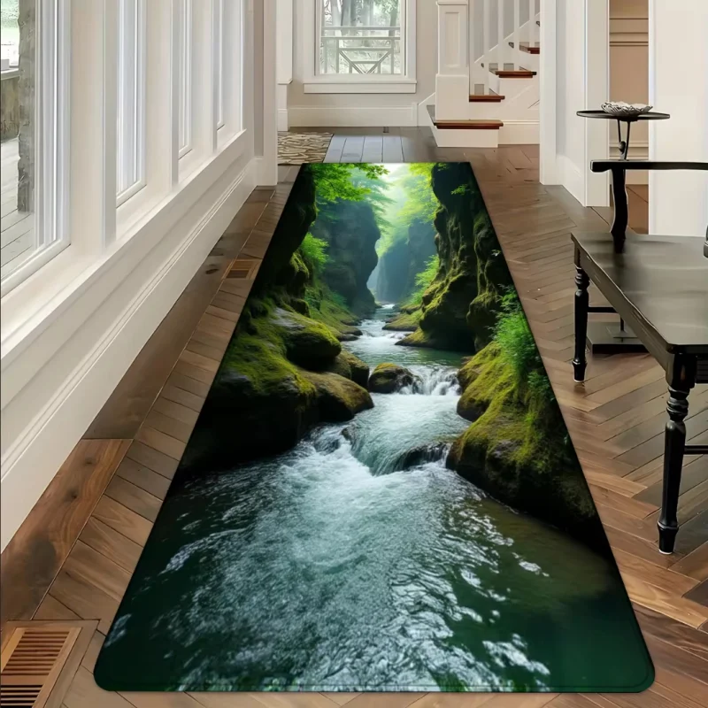 VIKAMA 3D Garden Waterfall Long Strip Carpet Anti-slip and Easy-to-Clean Hall Floor Mat Kitchen Carpet Home Decoration