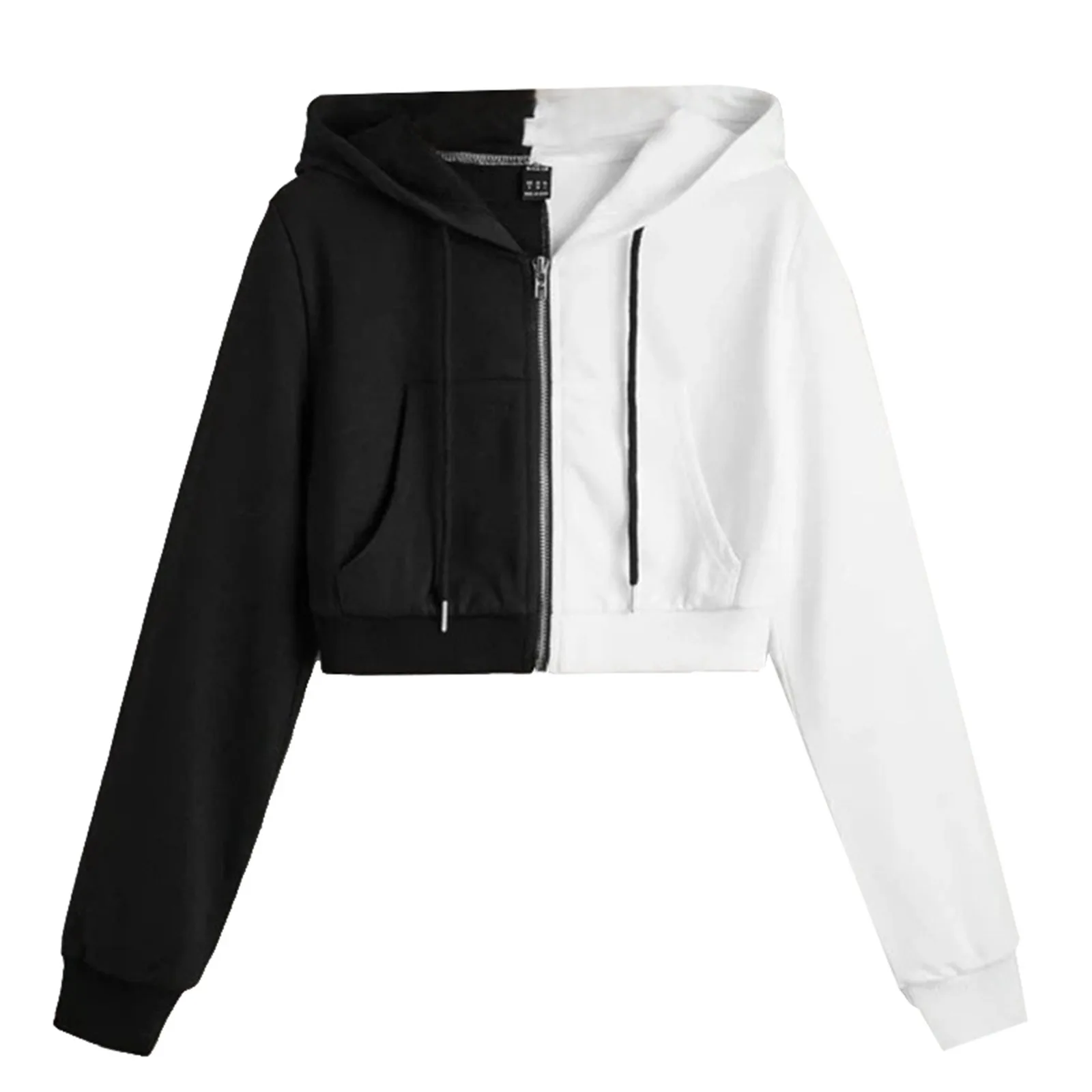 Korean Fashion Long Sleeve Streetwear Color Block Casual Zip Up Cropped Hoodies Sport Style Sweatshirt For Women женское платье