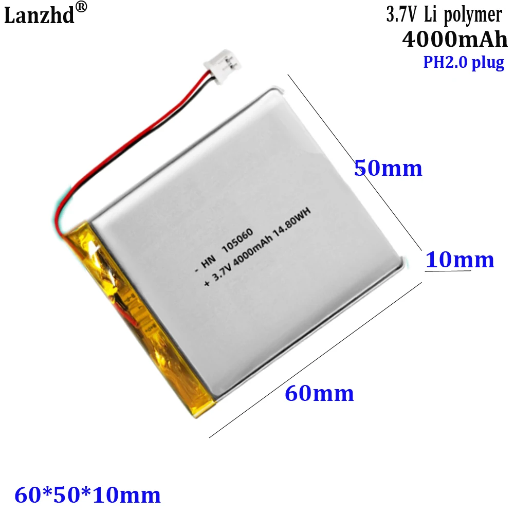 3.7V Li Polymer Lithium Battery with PH 2.0 Plug 4000mAh for Mobile Power Fast Charge LED Light Source GPS Locator 105060