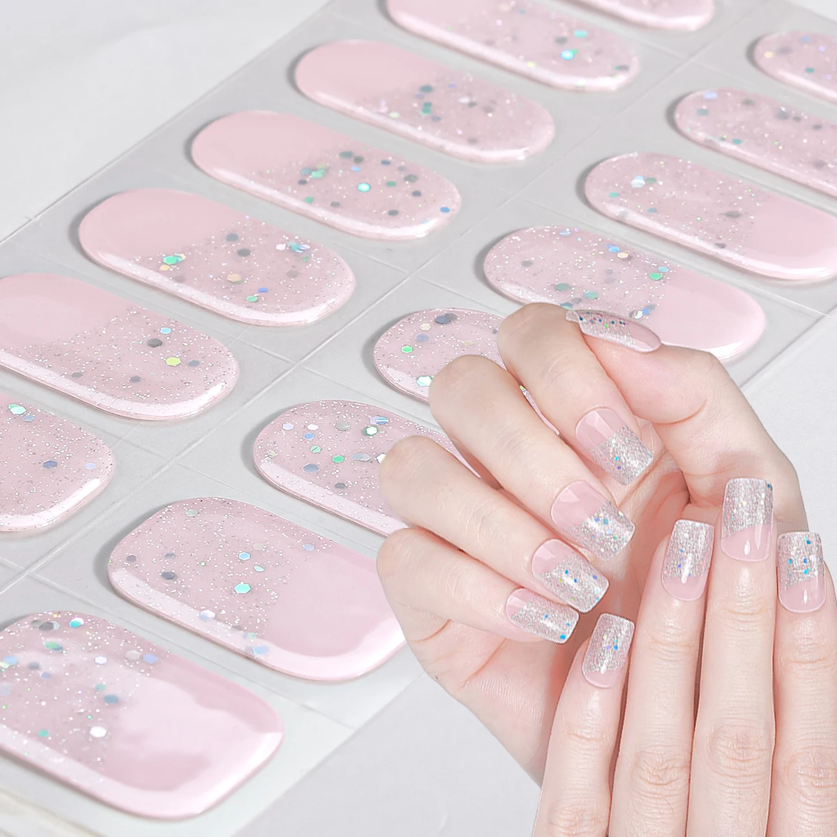 

16Tips Gradient Semi Cured Gel Nail Strips Sparkly Long Lasting Self-Adhesive Gel Nail Wraps Full Cover UV Nail Sticker