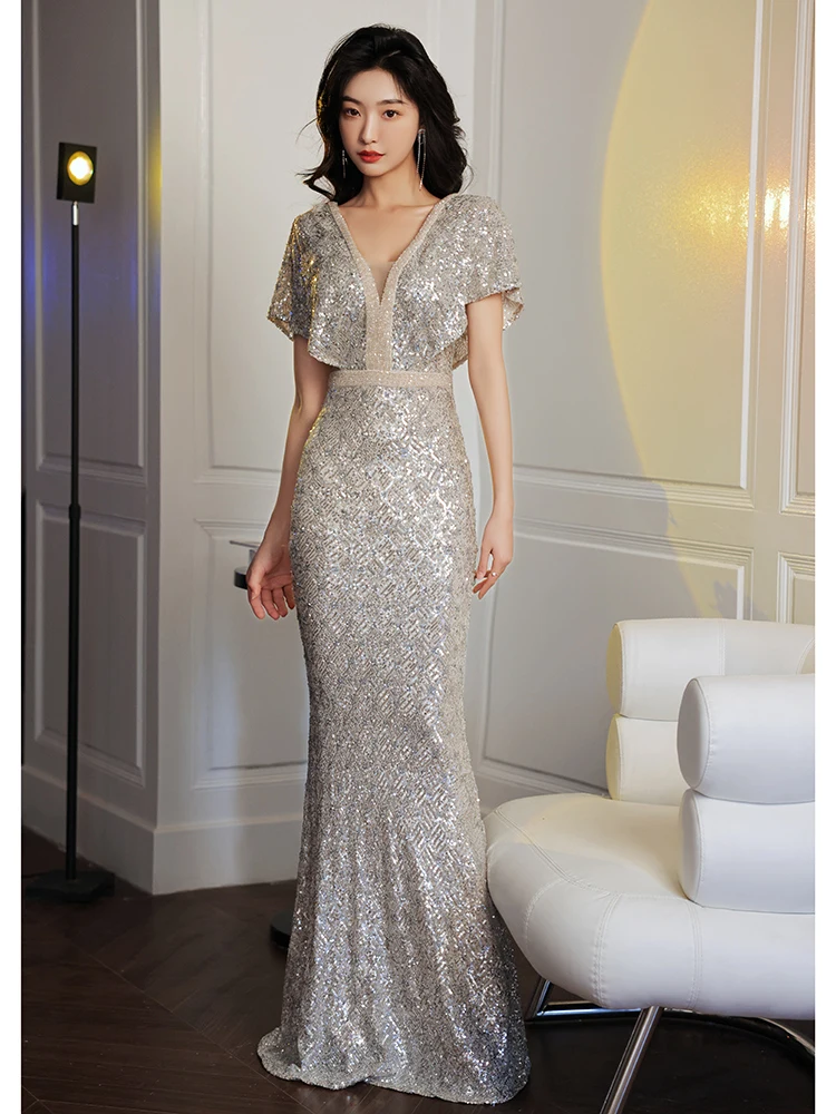 

Серебряное длинное вечернее платье женское, новинка 2025, Sle Ball Ele Aosphere, глубокий V-образный вырез для похудения, роскошный хвост Fi Tail