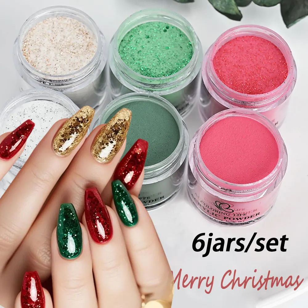 6 stücke Weihnachten Farben Acryl Pulver Kit 6 Farben Glitter Goldgelb Grün Splitter Tauch/Schnitzen/Verlängerung Nagel pulver Set %