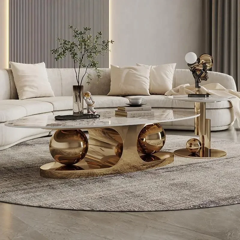 Modern Design Oval White Stone Slate Top Coffee Table Home Furniture Living Room Large Gold Marble Luxury Center Coffee Table