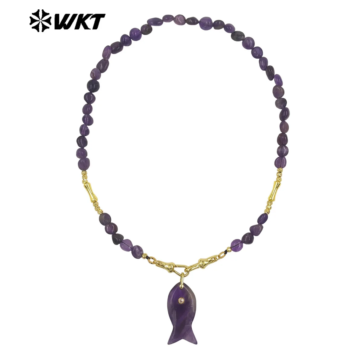 WT-N1522 Lovely And Vivid Fish Charms Natural Fine Texture Crystalquartz Lapics  Gemstone Pendants Beads 52cm Necklace