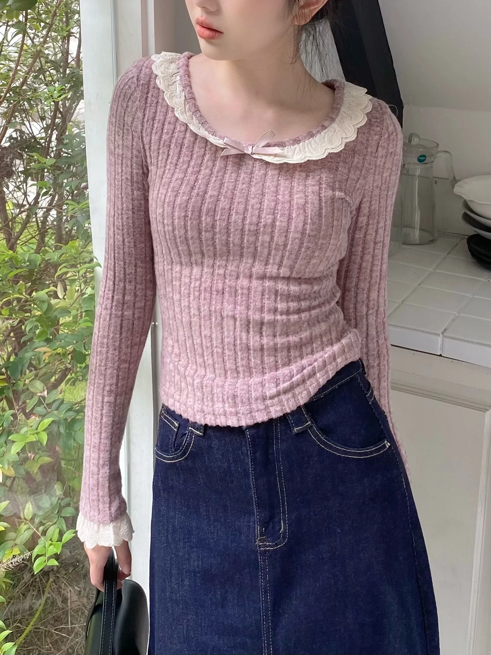 

Women's Slim Fit Knitted Sweater with Lace Design Splice Sle Inner And Outer Wear Long Sve round Ne Polyester Fiber